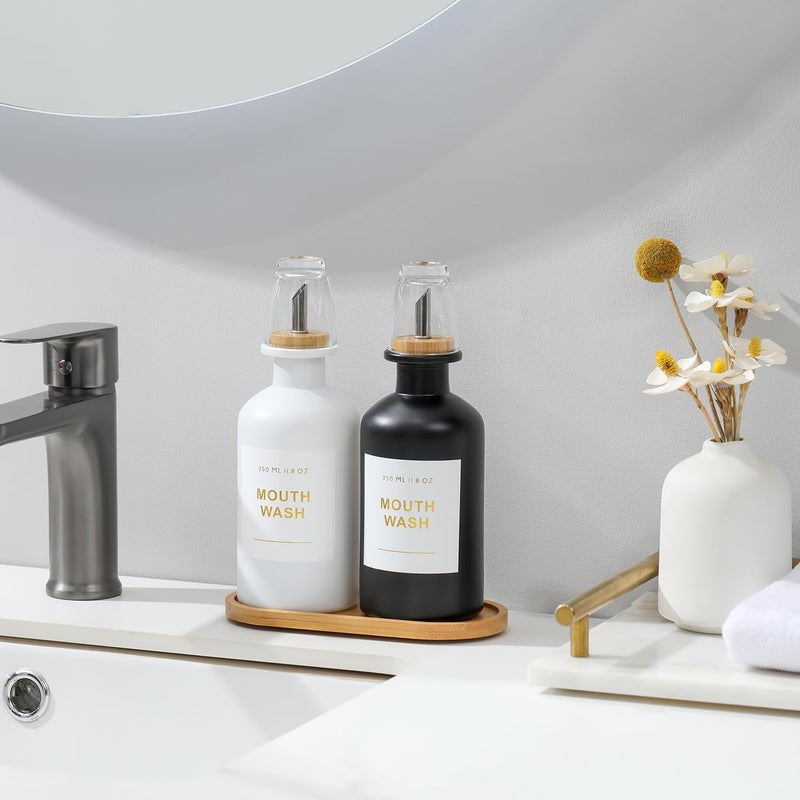 BONLONG 11.8OZ Mouthwash Dispenser for Bathroom with Bamboo & Stainless Steel Pour Spout, Mouthwash Cups Reusable, Bamboo Tray, and Elegant Gold Label. Set of 2（Black/White - Image 2